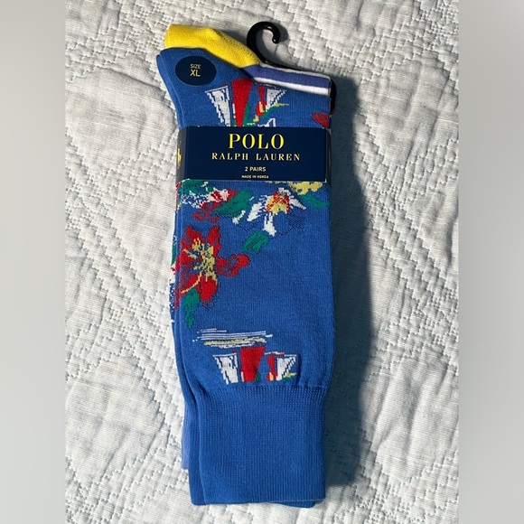 $24 Men’s POLO Ralph Lauren Floral & Striped Stripes Sailboat Dress Socks 2 Pair - Picture 2 of 8